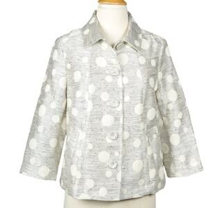 Chico'sβSize 8/10 Metallic Silver Polka Dot Jacquard 3/4 Sleeve Blazer Jacket
